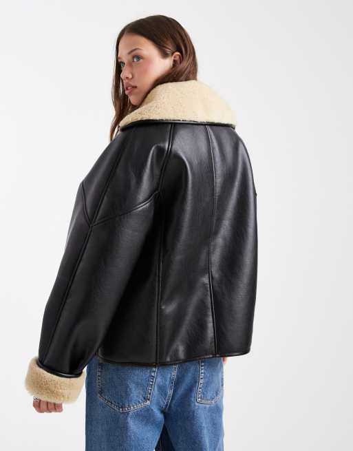 Miss Selfridge faux leather and faux fur oversized jacket in black