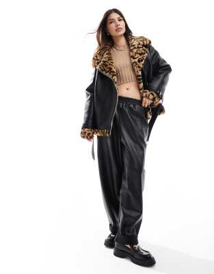 faux leather aviator coat with leopard contrast faux fur-Black