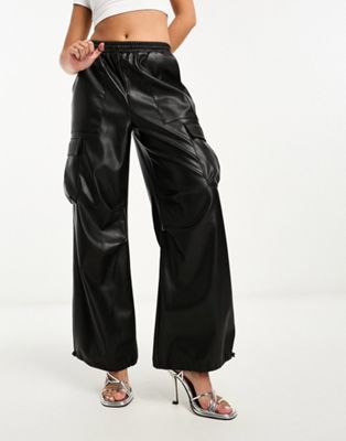 Miss Selfridge faux leather baggy cargo trouser in black