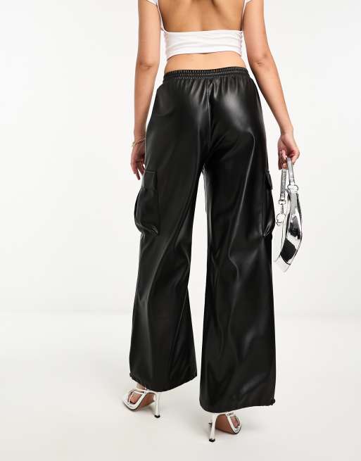 ASOS DESIGN faux leather cargo trousers in black