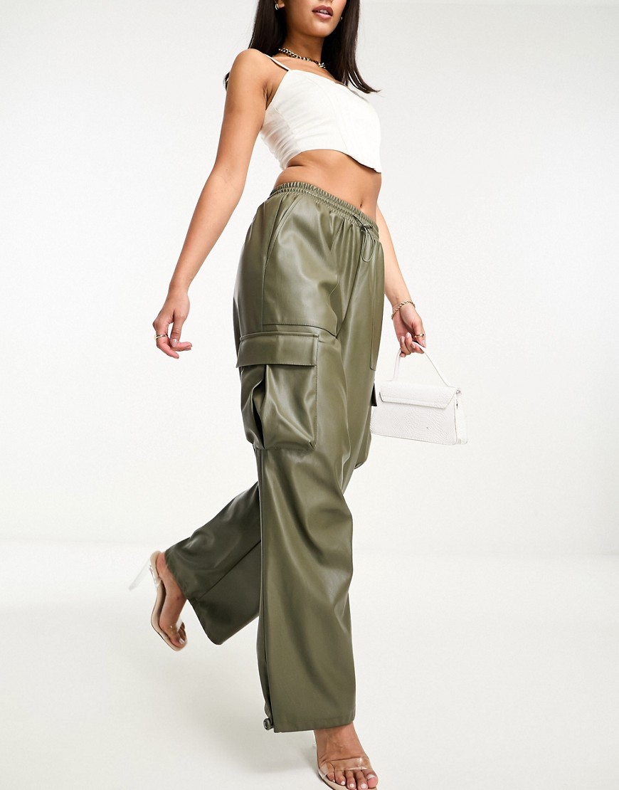 Miss Selfridge faux leather baggy cargo trouser in khaki-Brown