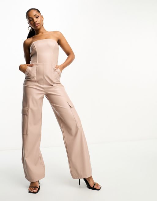 Miss Selfridge faux leather bandeau cargo wide leg jumpsuit in taupe