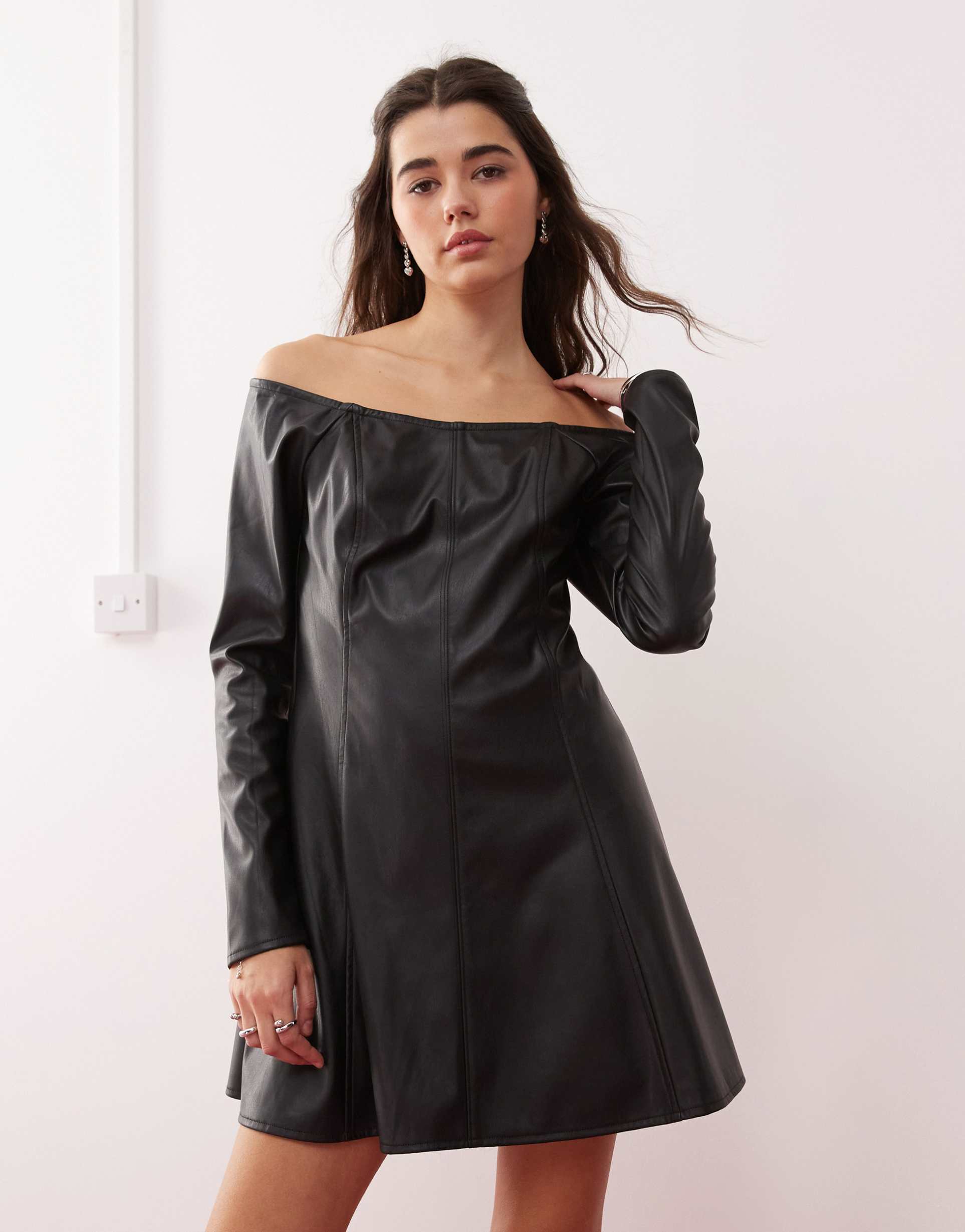 miss selfridge faux leather bardot fit & flare mini dress