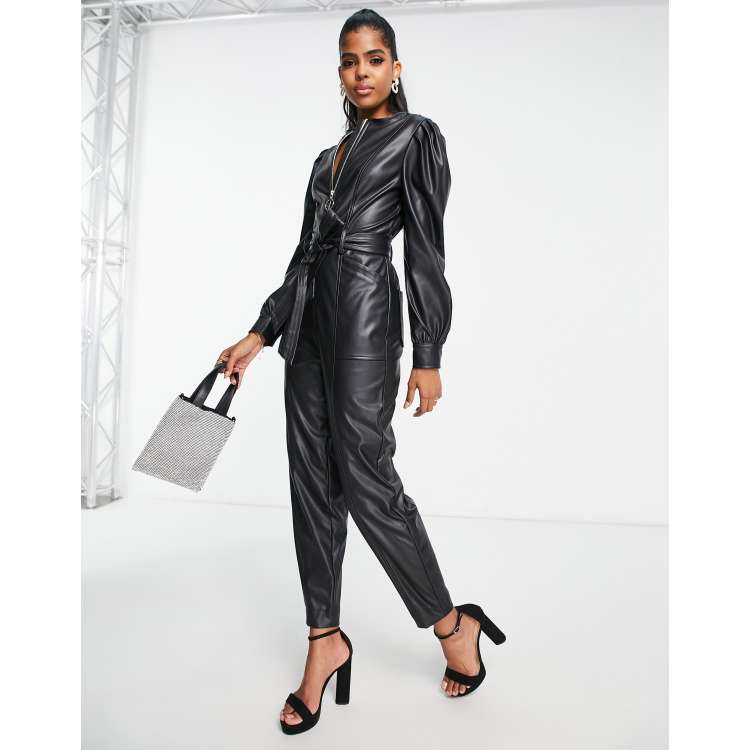 Miss Selfridge faux leather belted jumpsuit with zip detail in