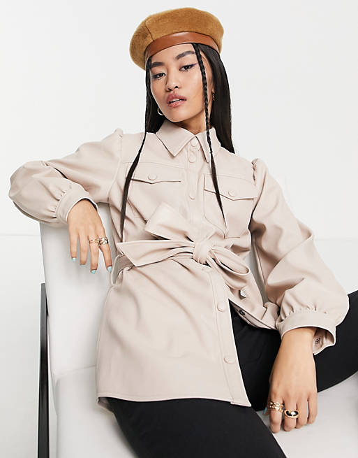 Tops Shirts & Blouses/Miss Selfridge faux leather belted shirt in neutral 
