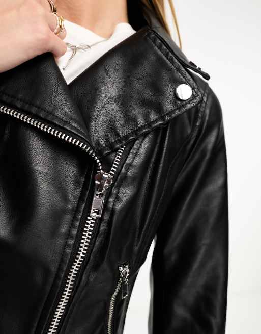 Jack & Jones Essentials faux leather biker jacket in black