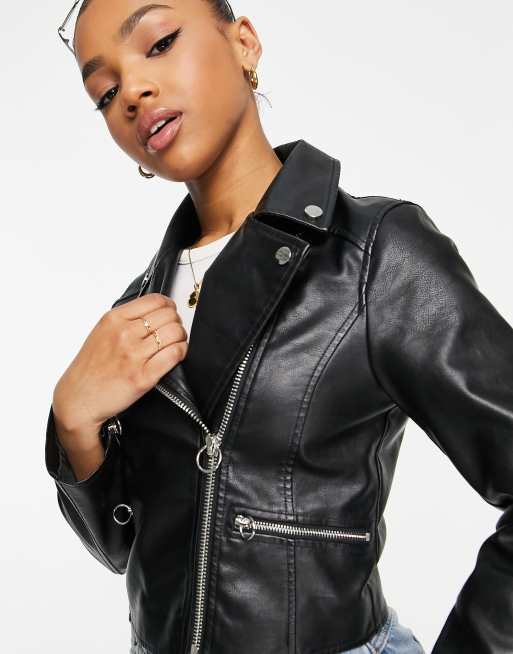 Miss Selfridge faux leather biker jacket in black