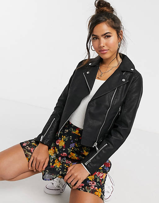 Miss Selfridge faux leather biker jacket in black | ASOS