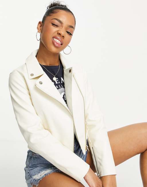 Miss Selfridge faux leather biker jacket in ivory