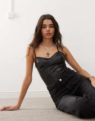 faux leather bodysuit with lace trim in black