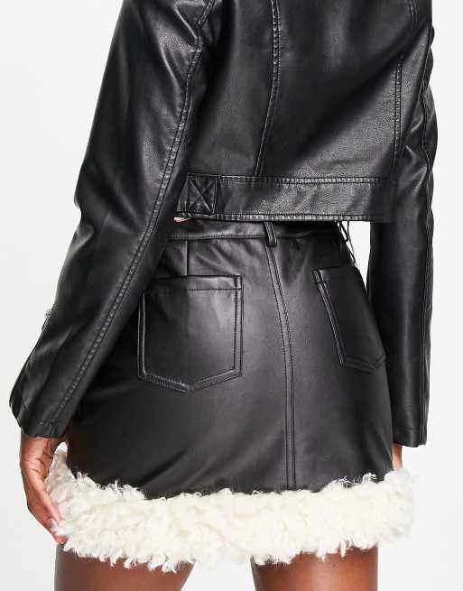 Miss Selfridge faux leather borg trim mini skirt in black, 2 of 4