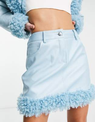 Miss Selfridge faux leather borg trim mini skirt in blue co-ord - ASOS Price Checker