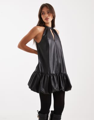 Miss Selfridge Faux Leather Bubble Hem Mini Dress-black In Black