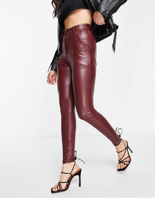 Miss Selfridge faux leather button fly legging in burgundy