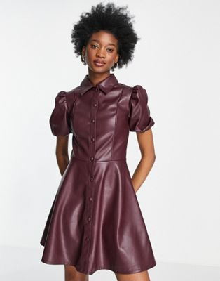 Miss Selfridge faux leather button through shirt dress in burgundy