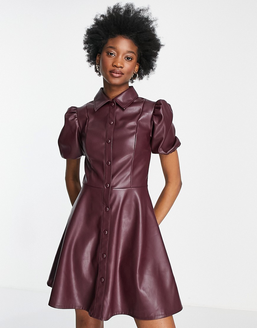 Miss Selfridge faux leather button through shirt dress in burgundy-Red