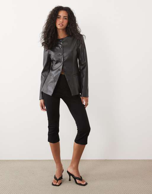 Miss Selfridge faux leather button through shirt in black, 2 of 4