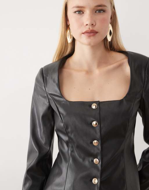 Miss Selfridge faux leather button through shirt in black, 3 of 4