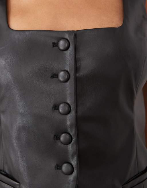 Miss Selfridge faux leather button through waistcoat in black, 3 of 4