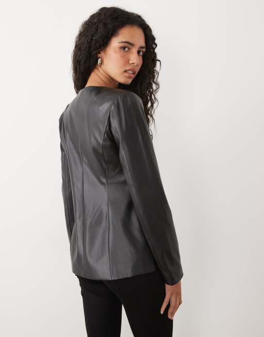 Miss Selfridge faux leather button up shirt in black, 4 of 4