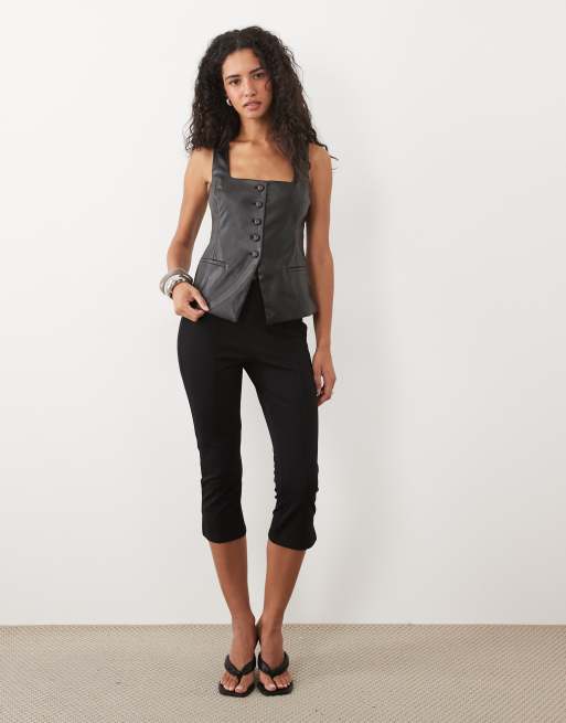 Miss Selfridge faux leather button up vest in black, 2 of 4