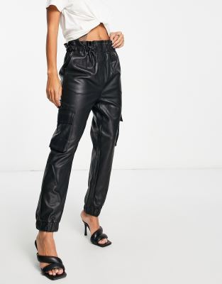 Shop Miss Selfridge Faux Leather Cargo Pants In Black