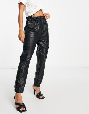 MISS SELFRIDGE FAUX LEATHER CARGO PANTS IN BLACK