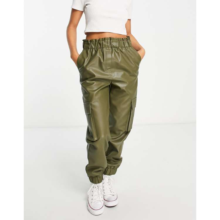 Miss Selfridge faux leather cargo pants in khaki