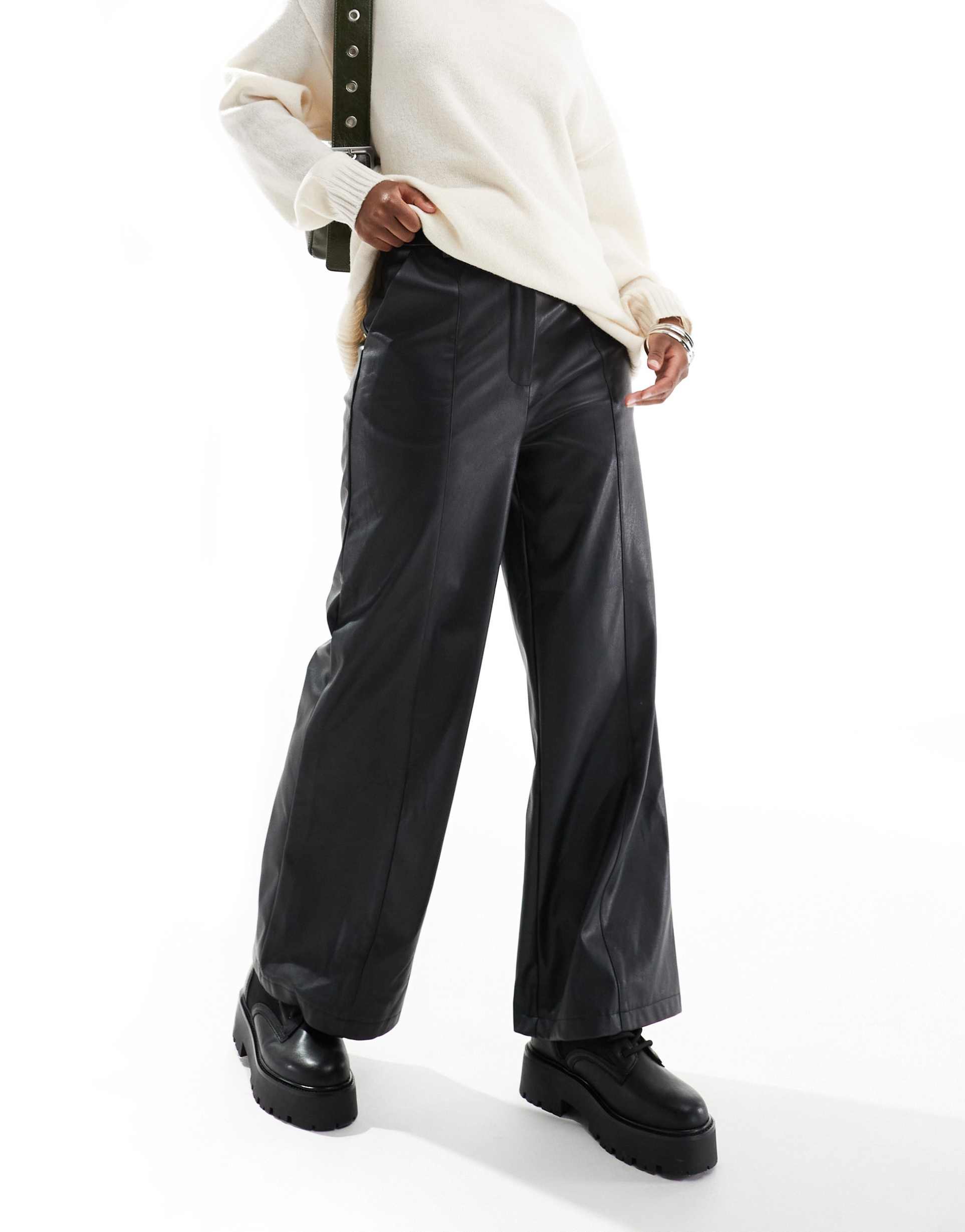 miss selfridge faux leather contrast waistband wide leg pants in black