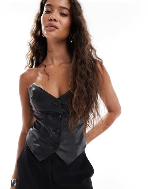 Miss Selfridge faux leather corset bandeau top in black - view 1
