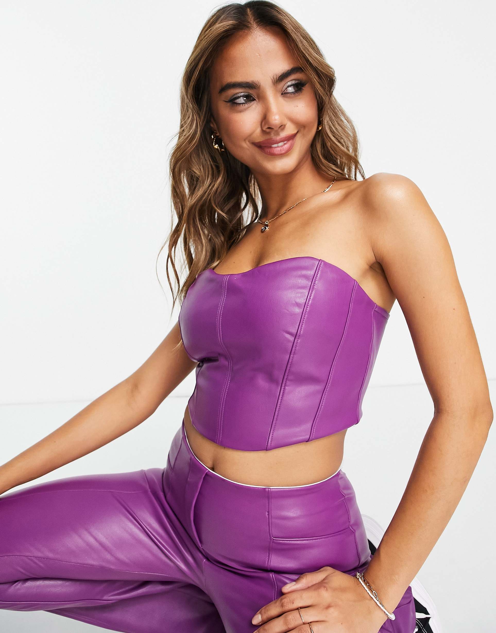 miss selfridge faux leather corset bandeau top in purple