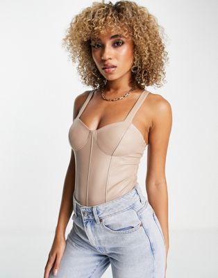 Miss Selfridge faux leather corset bodysuit in taupe
