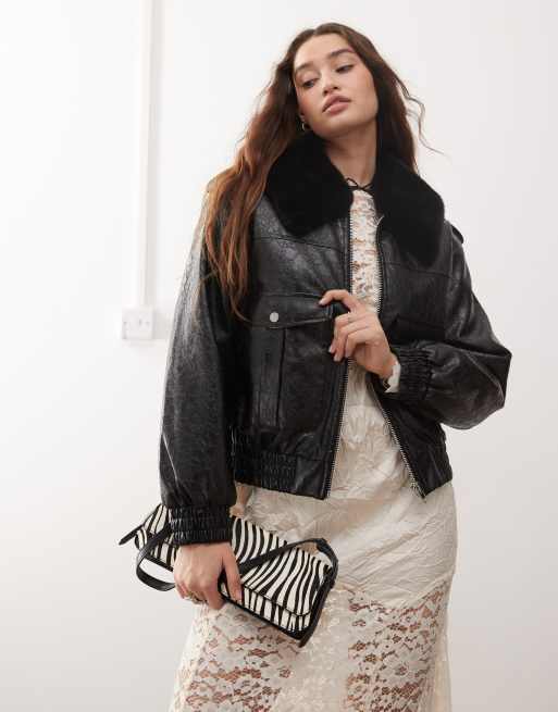 Faux buy Fur Leather Bomber Jacket