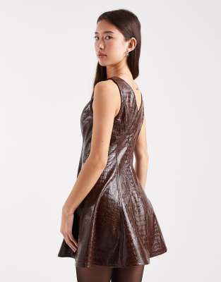Miss Selfridge Faux Leather Croc Mini Dress In Brown