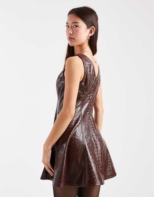 Miss Selfridge faux leather croc mini dress in brown, 2 of 4