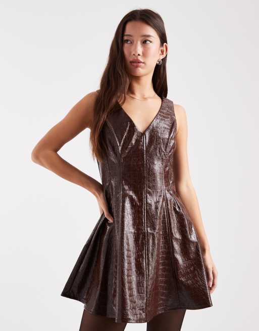 Miss Selfridge faux leather croc mini dress in brown, 3 of 4