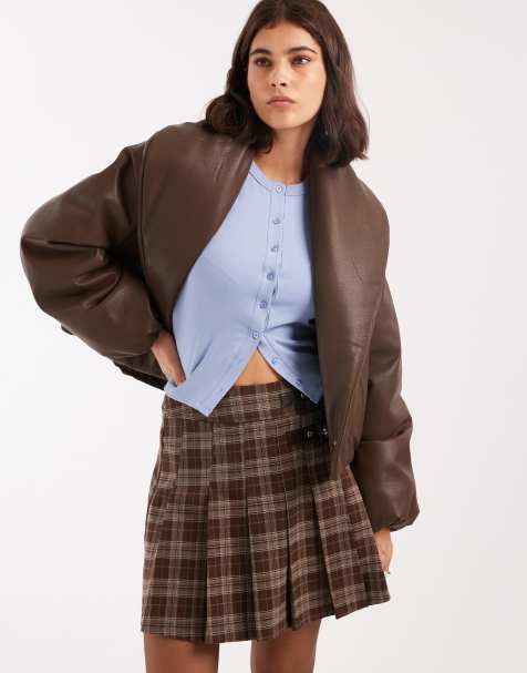 Miss Selfridge faux leather crop puffer in chocolate