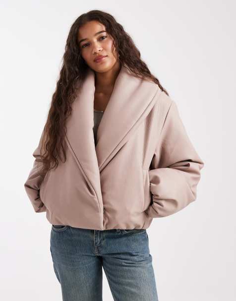 Miss Selfridge faux leather crop puffer jacket in stone - view 1
