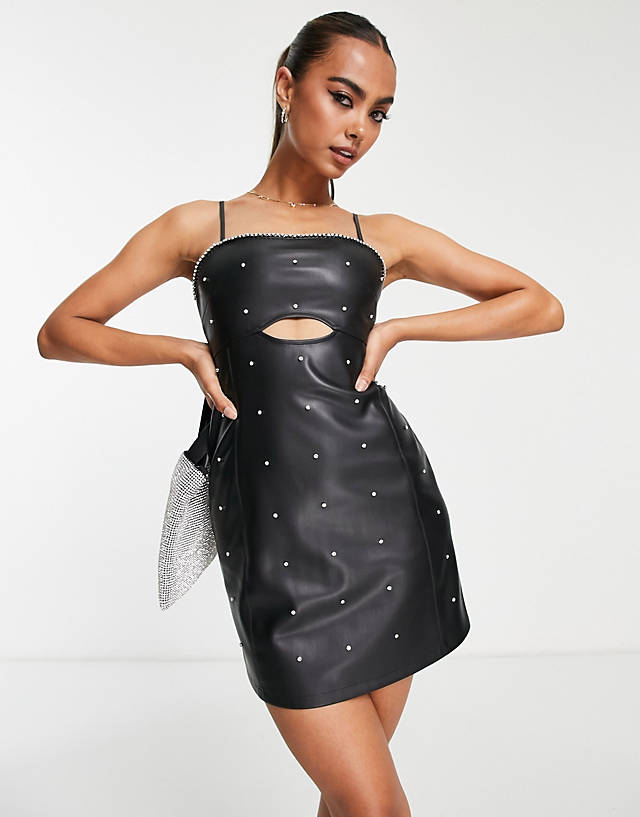Miss Selfridge faux leather diamante cut out mini dress in black