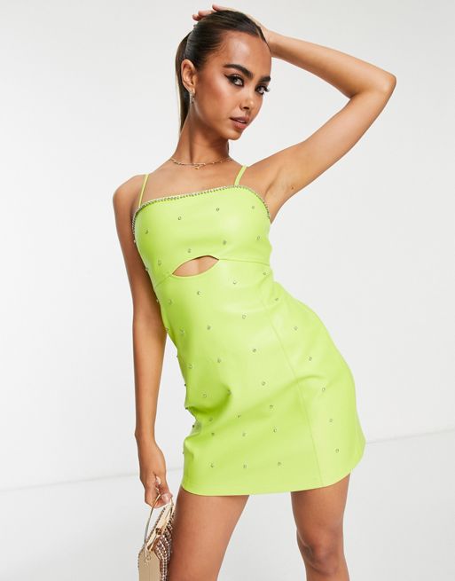 Miss Selfridge faux leather diamante cut out mini dress for in chartreuse