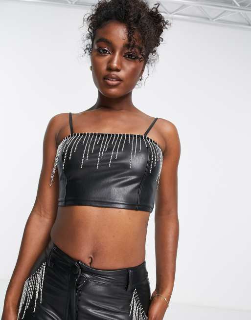 Miss Selfridge Petite faux leather diamante fringe bralette in