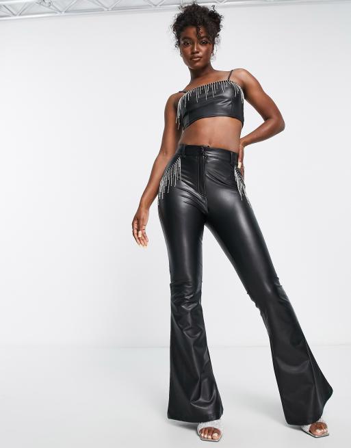 jeans stretch bonobo Miss Selfridge faux leather diamante fringe kickflare vanity trouser in black ClassicfuncenterShops