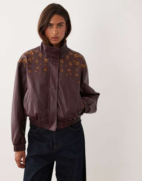 Miss Selfridge faux leather embroidered funnel neck bomber in wine - view 1