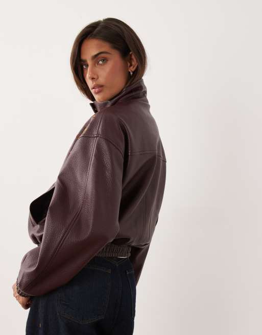 Miss Selfridge faux leather embroidered funnel neck bomber in wine, 3 of 4