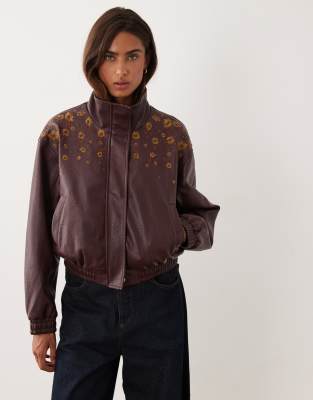 Miss Selfridge Faux Leather Embroidered Funnel Neck Bomber Jacket In Brown