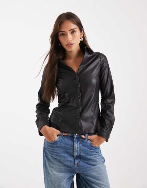 Miss Selfridge faux leather fitted shirt in black - view 1