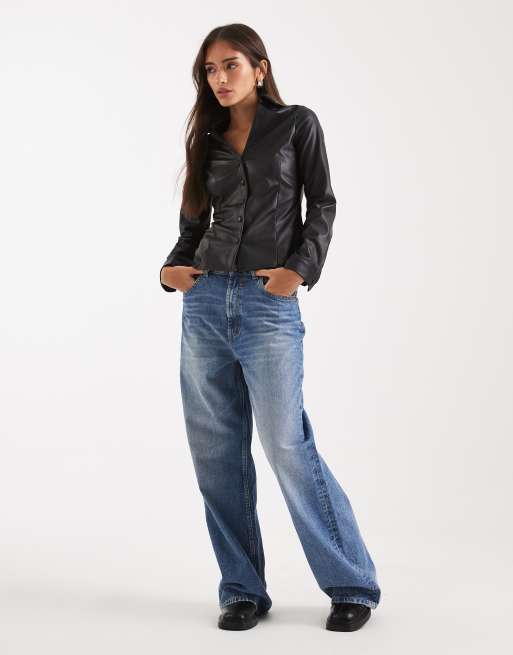 Miss Selfridge faux-leather fitted shirt in black, 3 of 4