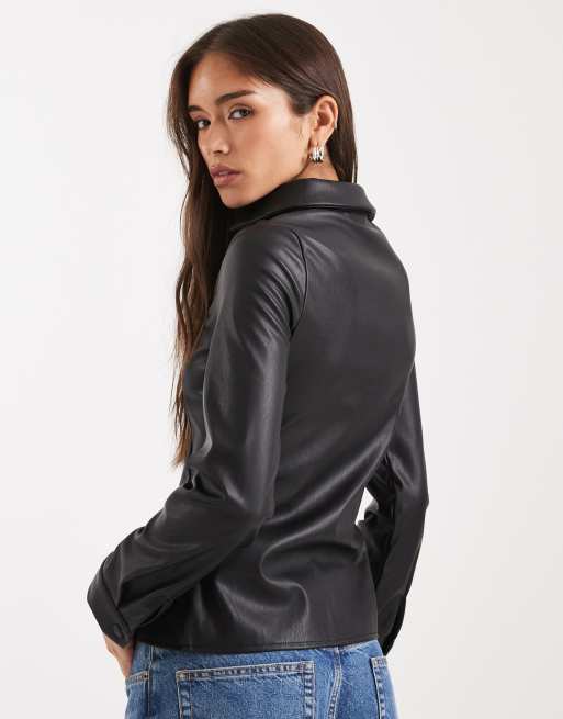 Miss Selfridge faux-leather fitted shirt in black, 4 of 4