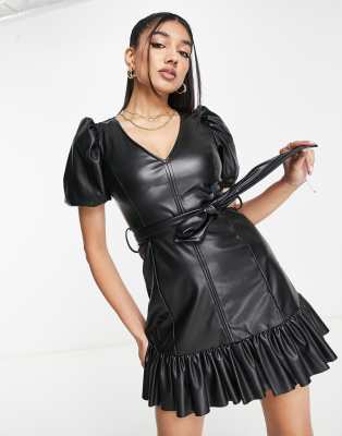 faux leather frill hem belted dress in black