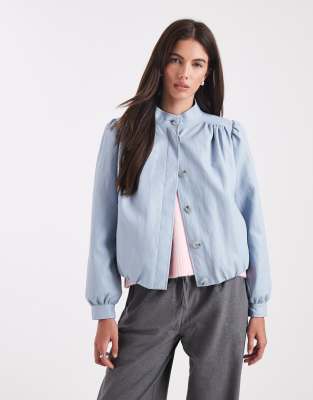 Miss Selfridge Faux Leather Gathered Detail Jacket In Blue